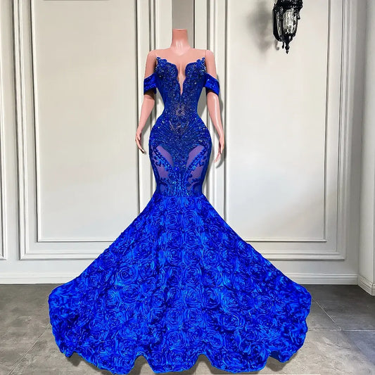 Naphtalia Fiorense Luxury Sheer O-neck Off Shoulder Sparkly Diamond  Royal Blue Prom Gala Gown