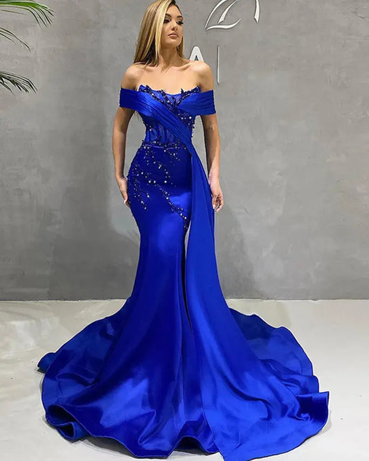 Meghan Cox Royal Blue Luxury Satin Strapless Mermaid Off Shoulder Backless Gown